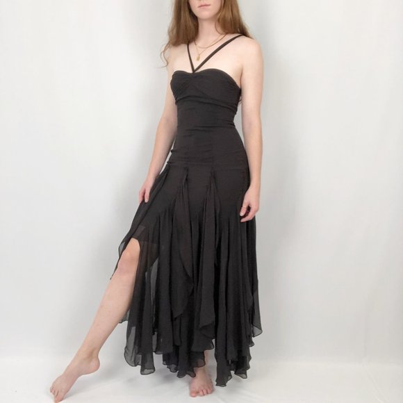 Stunning 100% Silk BCBGMaxAzria Ruffle black Draped Maxi Dress/gown. Halter. - Picture 2 of 9